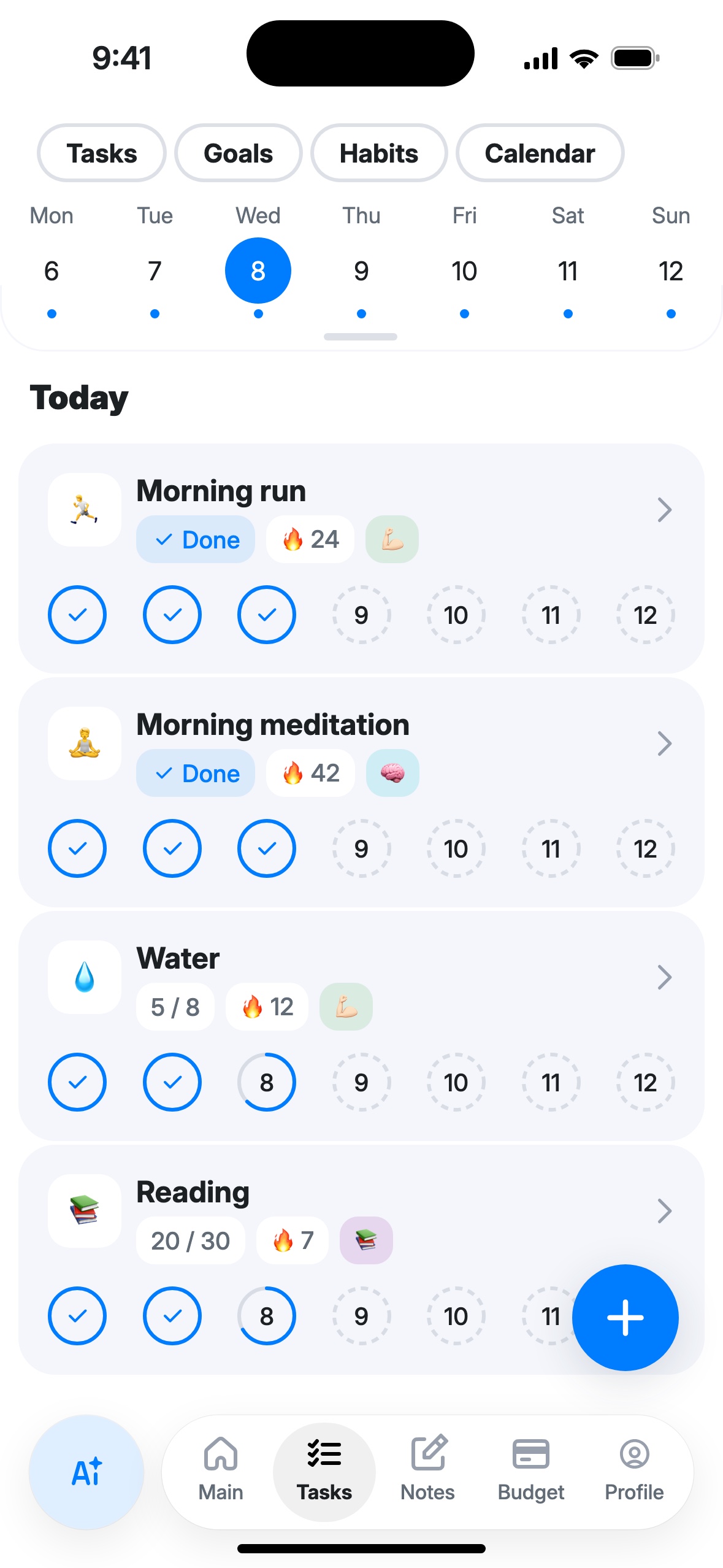 Habits: today's progress and streak