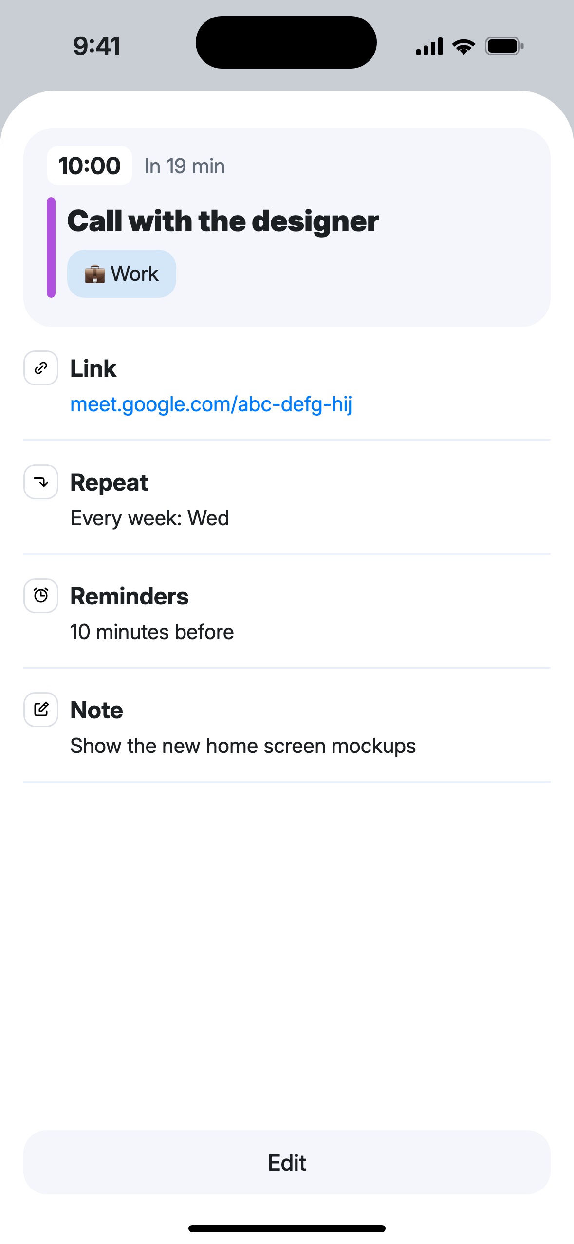 The event “Call with the designer” at 10:00, in 19 minutes, Work life area, a call link, repeating weekly on Wednesdays, a reminder 10 minutes before, a note