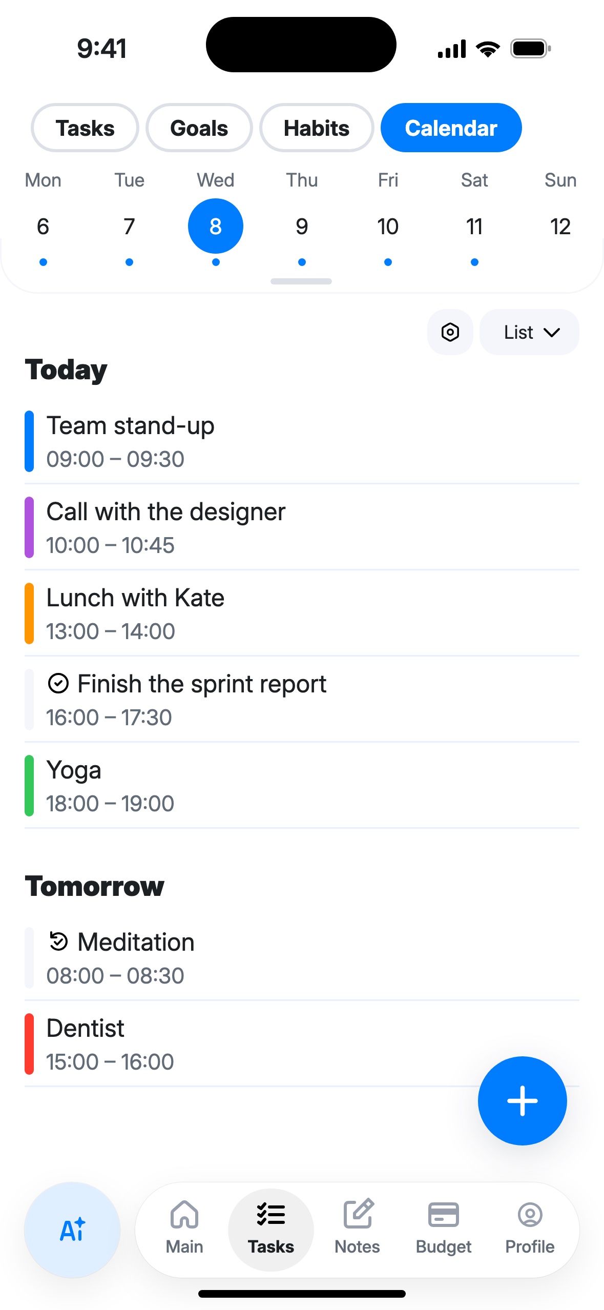 List mode: Today and Tomorrow, events with a colored bar, a task and a habit