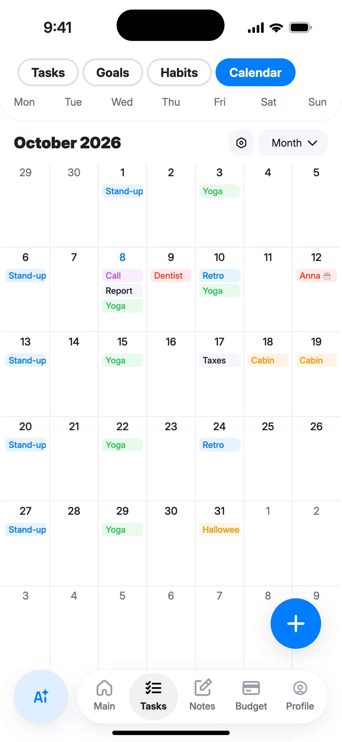 Month mode: the October grid with short event labels in the days