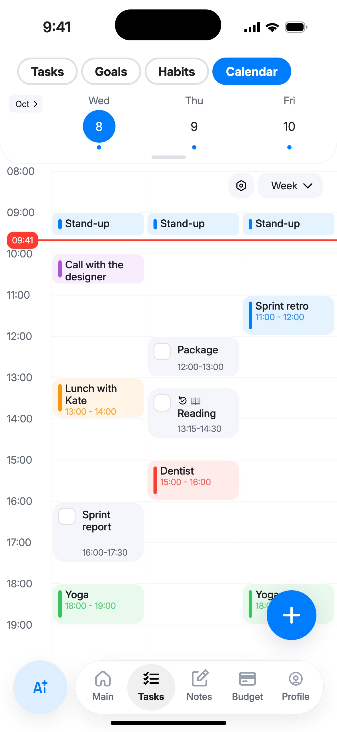 Week mode for three days: events, tasks and the “Reading” habit in day columns