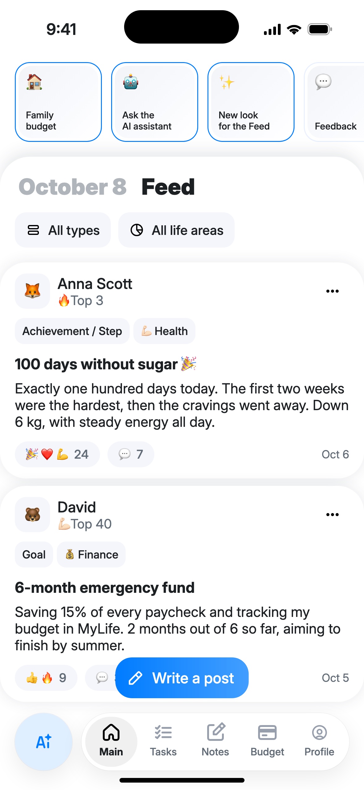 The feed on Main: stories, filters, posts by Anna “100 days without sugar” and David “6-month emergency fund”, the “Write a post” button