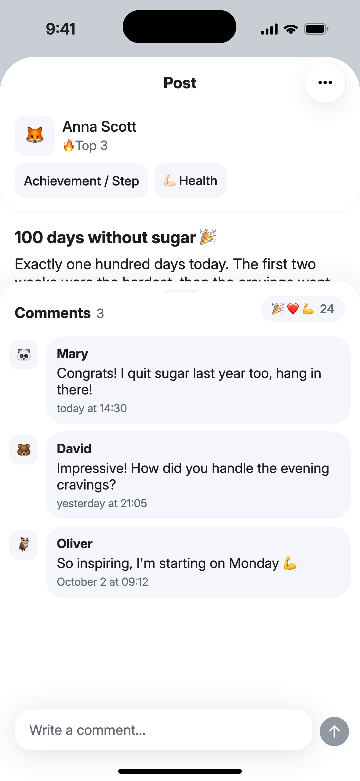 The post “100 days without sugar” with reactions and three comments