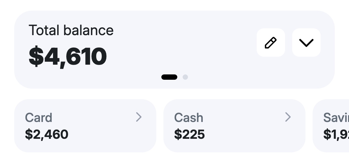 The “Total balance” card showing $4,610 with a pencil and an arrow, and the Card, Cash and Savings accounts below