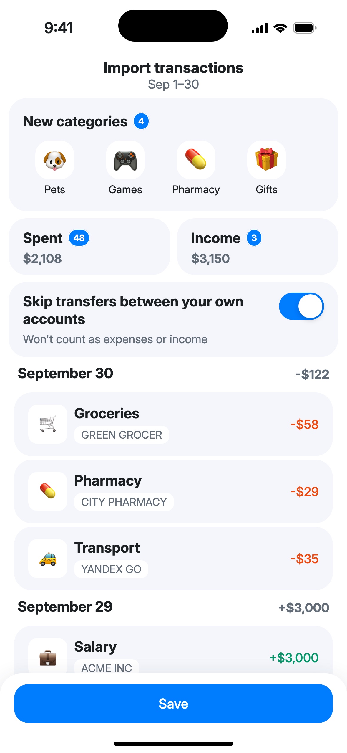 The “Import transactions” screen: new categories, expenses and income, the toggle for transfers between your own accounts, transactions by day