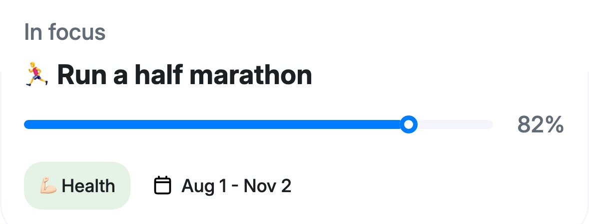 The “In focus” block: goal “Run a half marathon”, progress 82%, life area Health, deadline Aug 1 – Nov 2