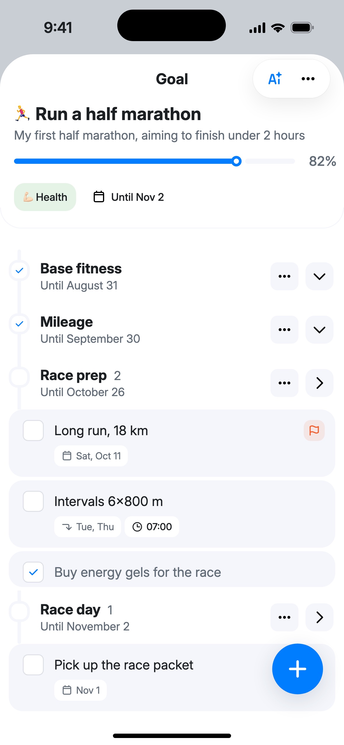 The goal “Run a half marathon” at 82%: stages Base fitness and Mileage are done and collapsed, stage Race prep with tasks, stage Race day