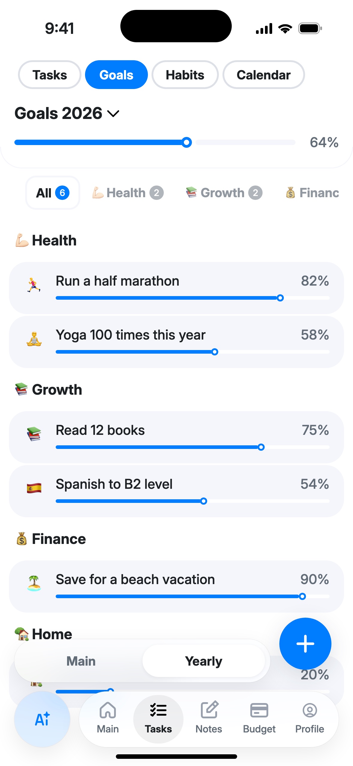The “Yearly” screen: Goals 2026, progress 64%, life area tabs and goals grouped by Health, Growth, Finance, Home