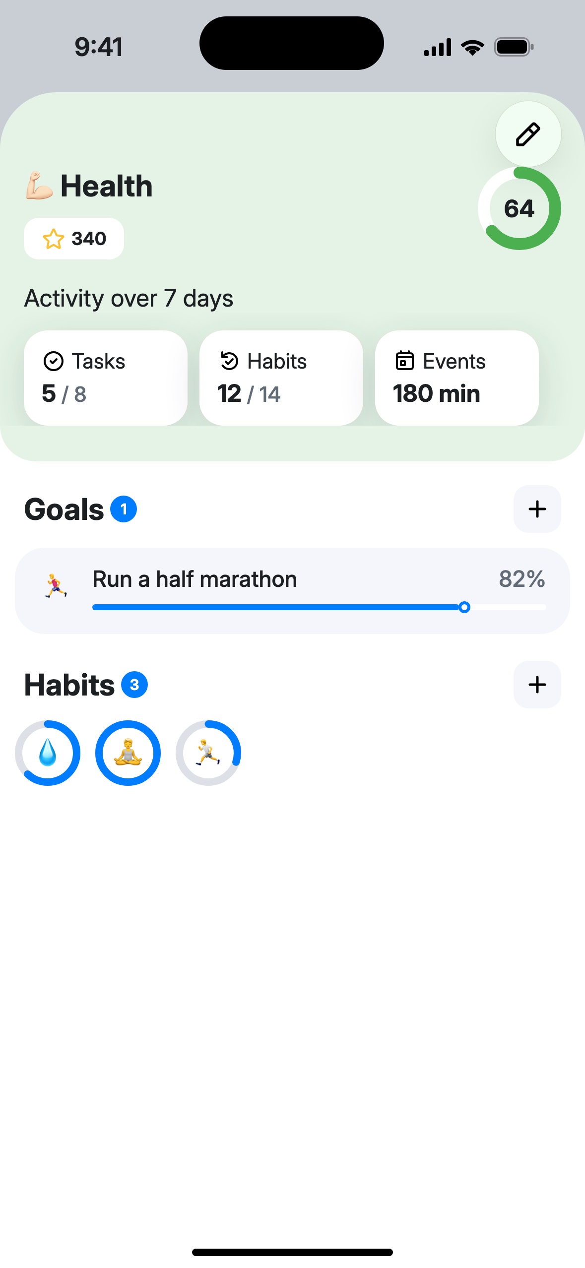 The “Health” area screen: score 64, 340 XP, activity over 7 days, the goal “Run a half marathon” and three habits