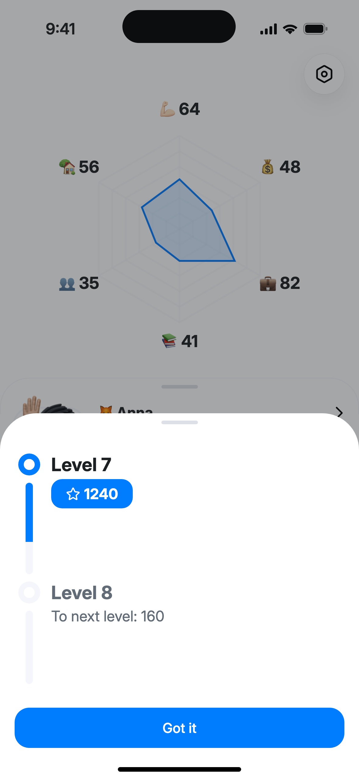 The level sheet over the profile: level 7, 1240 XP, 160 to the next level