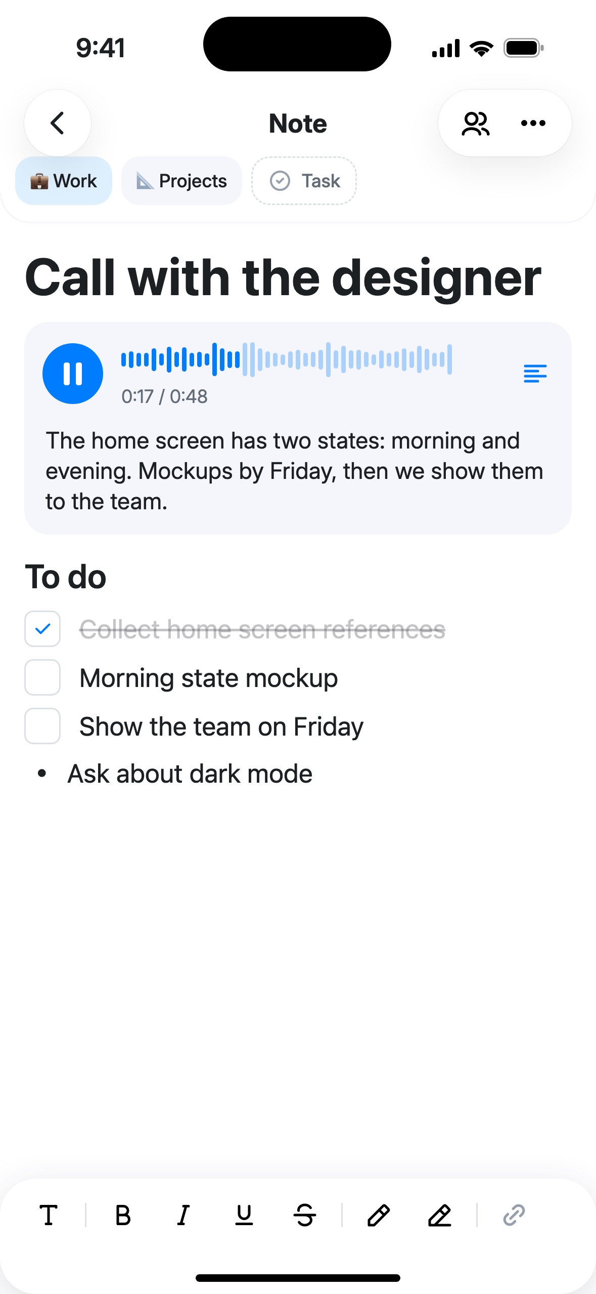 The note “Call with the designer”: life area and folder badges, a voice note with its transcript expanded, the heading “To do” and a to-do list