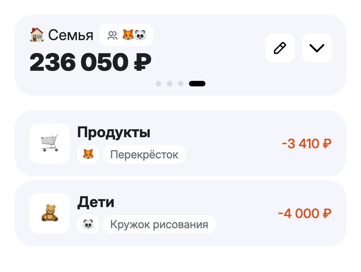 Карточка группы «Семья» с бейджем участников и операции с эмодзи авторов 🦊 и 🐼