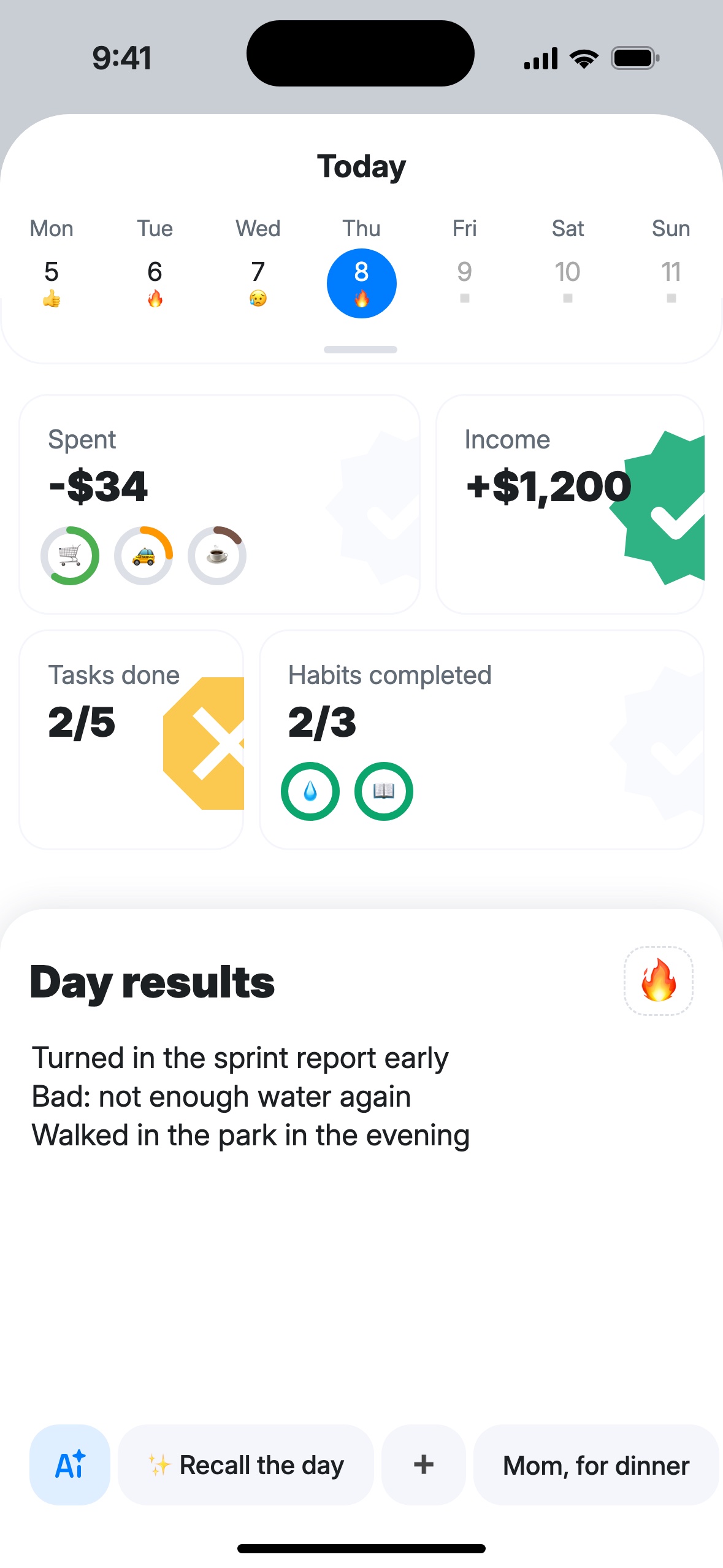 Day results: spending, tasks, habits and a note about the day