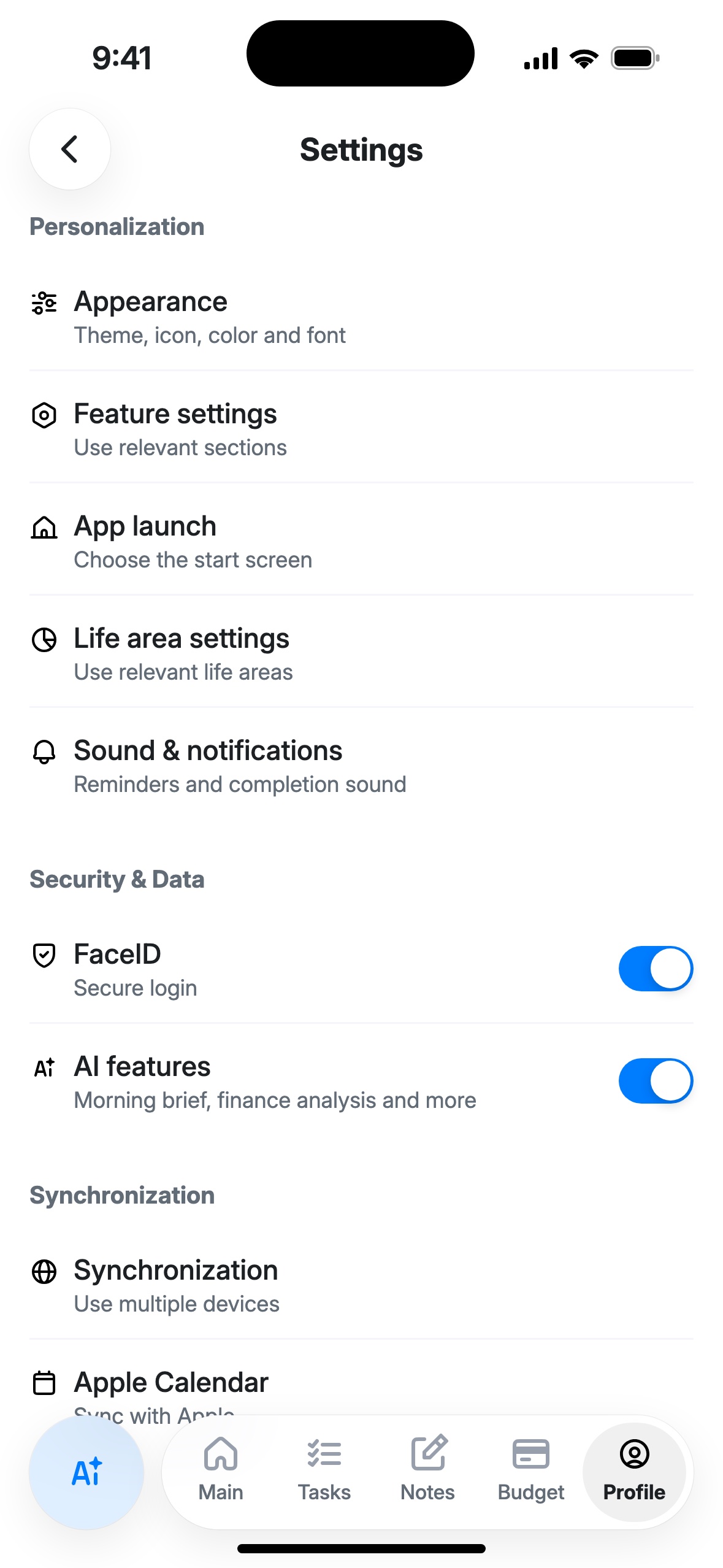 The “Settings” screen: Appearance, Feature settings, App launch, Life area settings, Sound & notifications, Synchronization