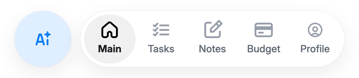 Bottom bar: the assistant button and the Main, Tasks, Notes, Budget and Profile tabs