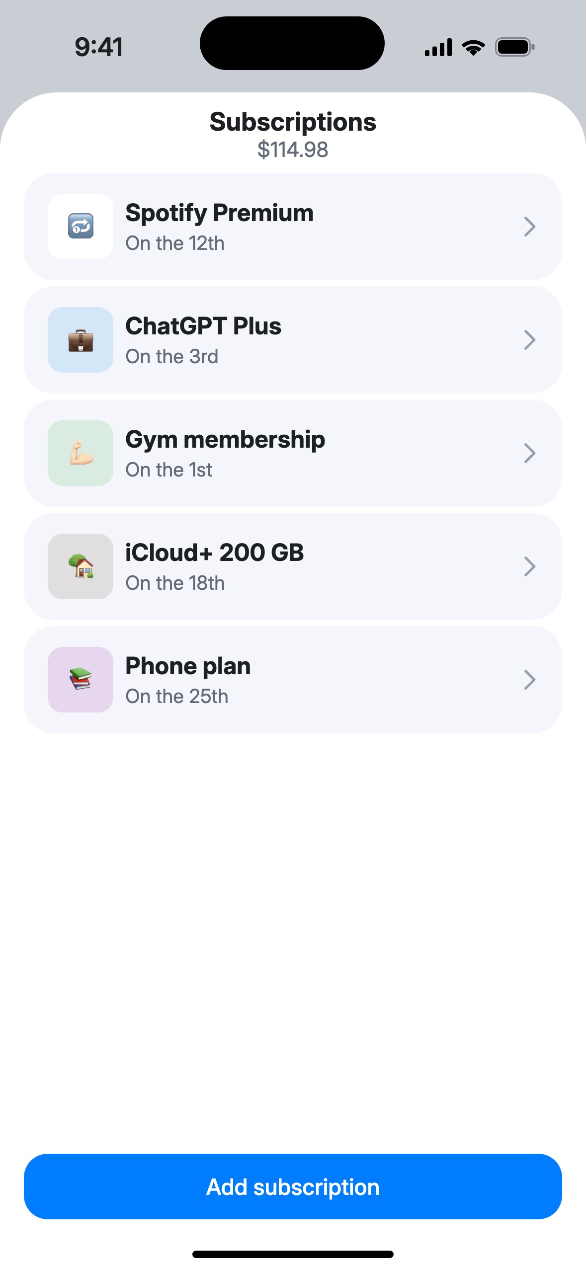 The Subscriptions screen: a total of $114.98 and five subscriptions (Spotify Premium, ChatGPT Plus, Gym membership, iCloud+, Phone plan) with their billing days