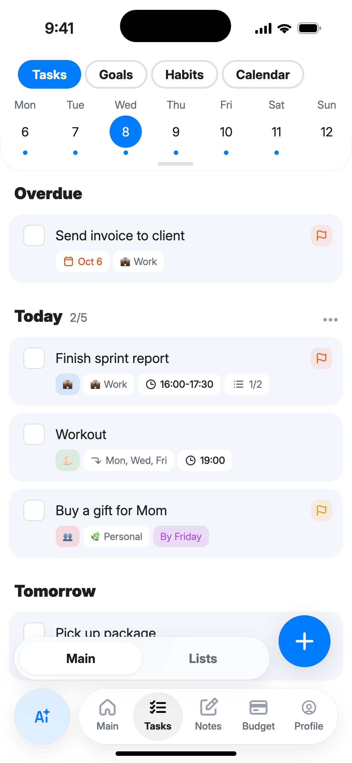 The Main screen: the week, plus Overdue, Today 2/5 and Tomorrow blocks