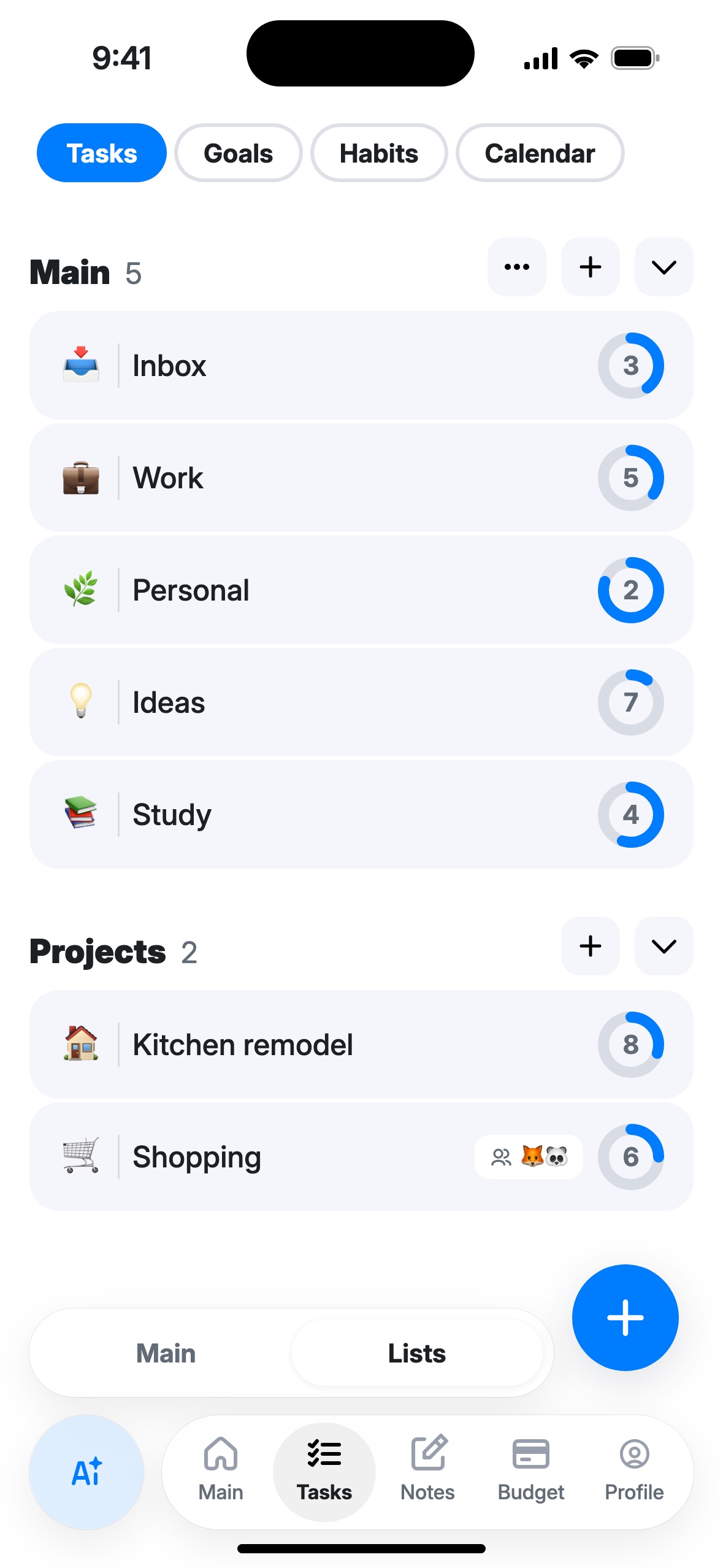 The Lists screen: Main and Projects groups, each list with an emoji, name and progress ring, a shared list with members’ emoji