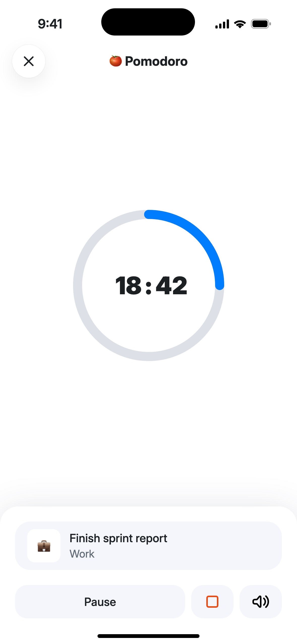 Pomodoro: timer ring at 18:42, task “Finish sprint report”, pause, stop and sound buttons