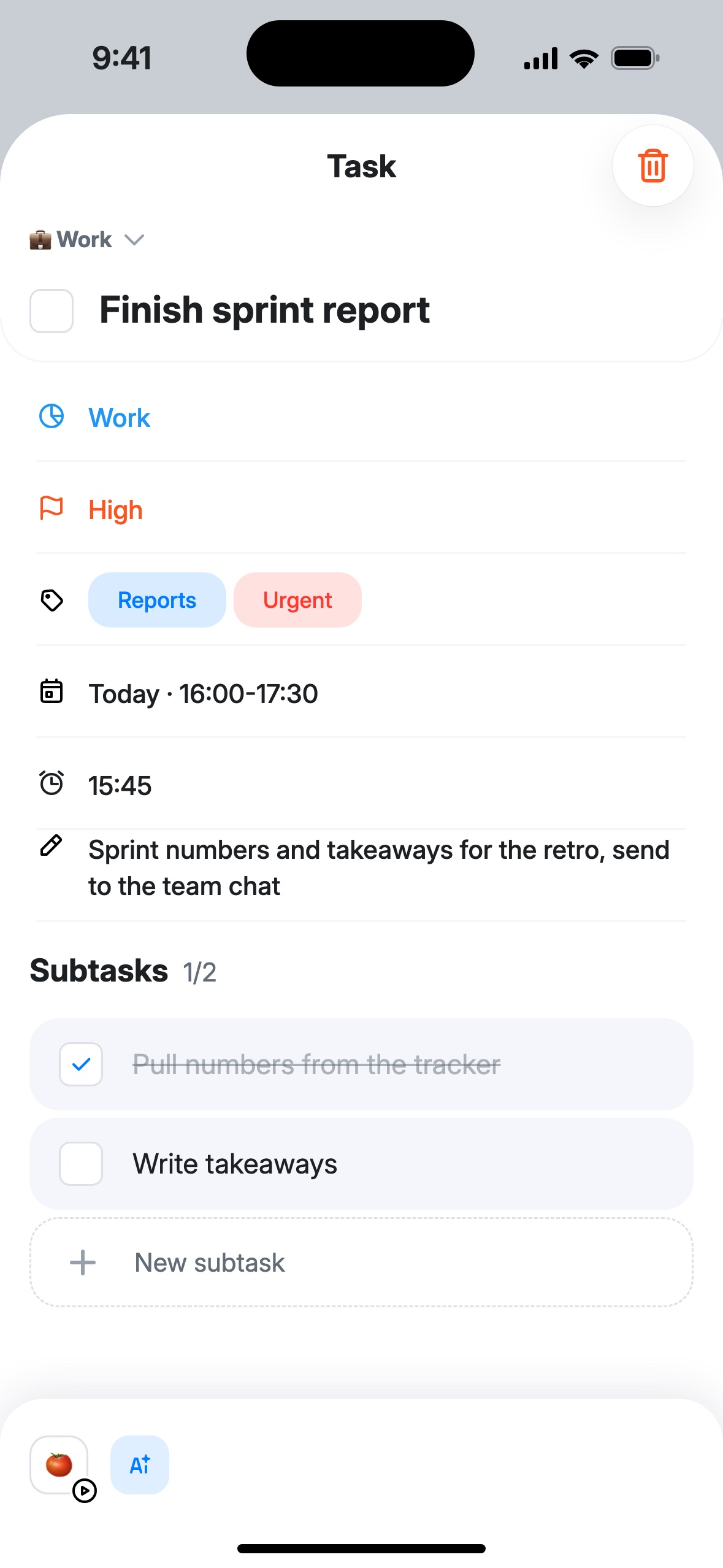 An open task “Finish sprint report”: Work life area, high priority, labels, today 16:00–17:30, reminder at 15:45, description and subtasks