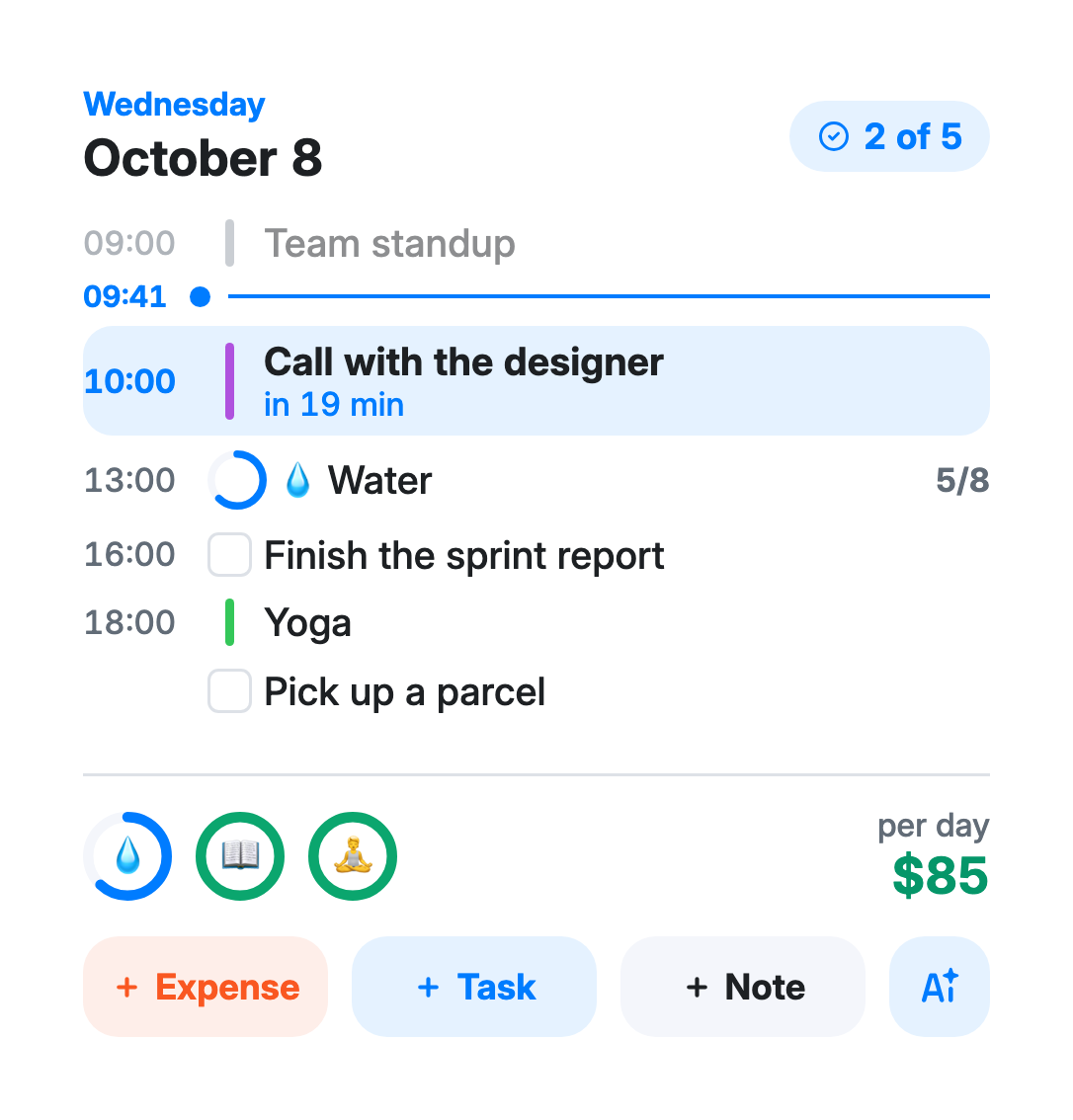 Large My Day: Wednesday, October 8, 2 of 5, day timeline with a “now” line at 9:41, call in 19 minutes, water 5 of 8, tasks, habit rings, $85 daily budget and the Expense, Task, Note and assistant buttons