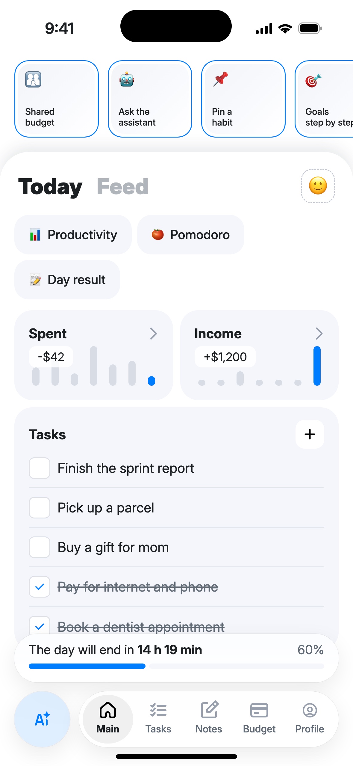 Main, “Today” tab: expenses, income, tasks and the “The day will end in” bar