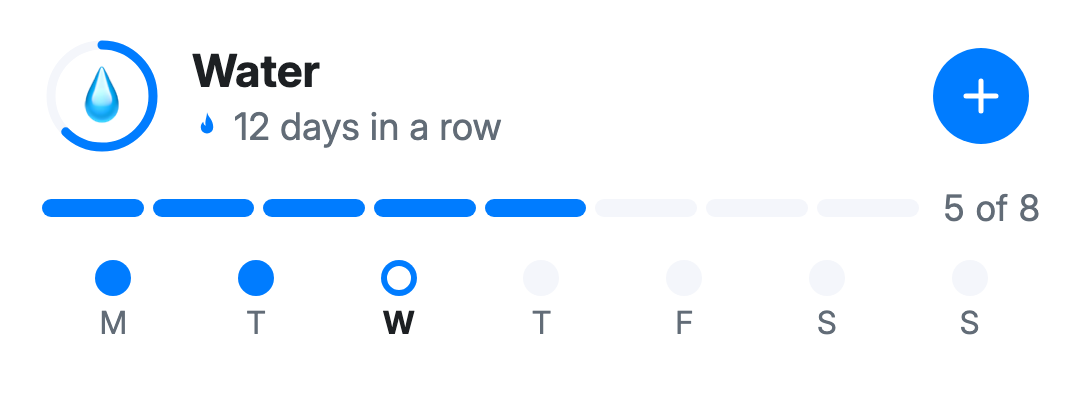 Live Activity for the “Water” habit on the Lock Screen: 5 of 8, streak, +1 button