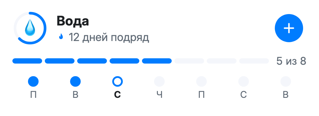 Live Activity привычки «Вода» на экране блокировки: 5 из 8, серия, кнопка +1