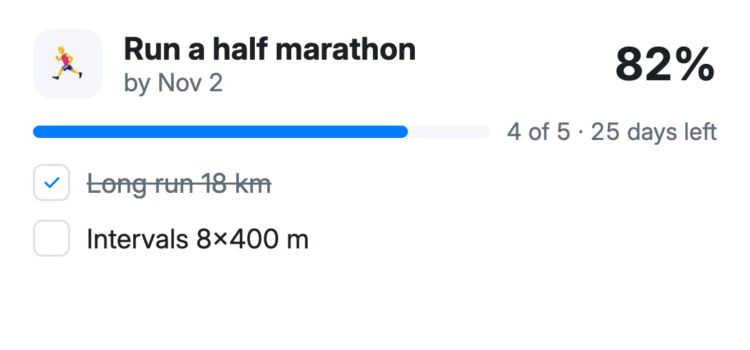 Pinned with the goal “Run a half marathon”: 82%, stage and upcoming tasks