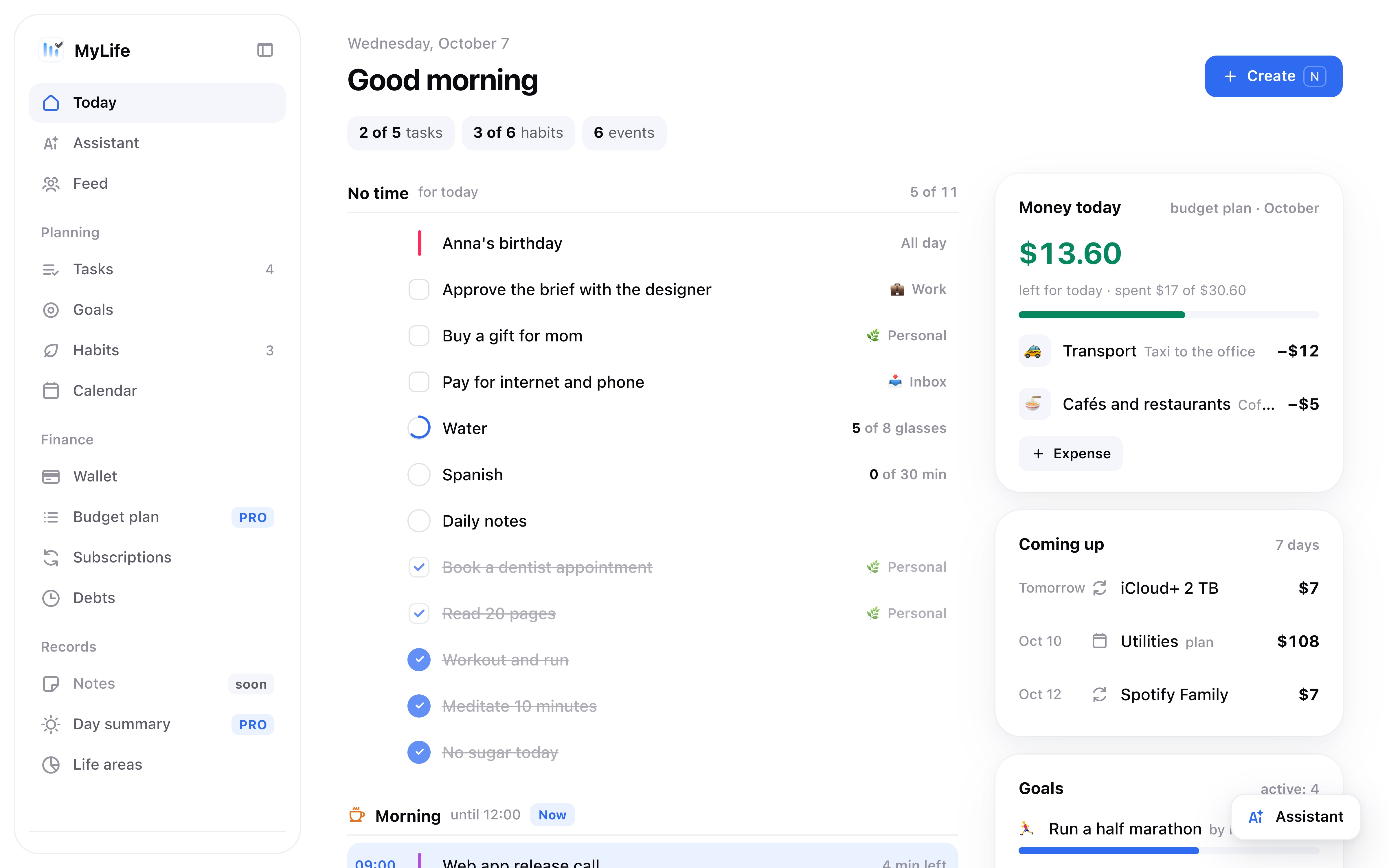 MyLife web app: the Today screen with tasks and habits, today's money, upcoming payments and goals